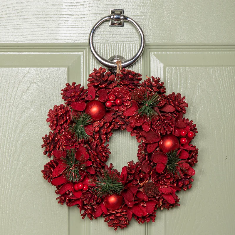 30cm Ruby Pine Hanging Christmas Wreath with Red Pinecones and Berries