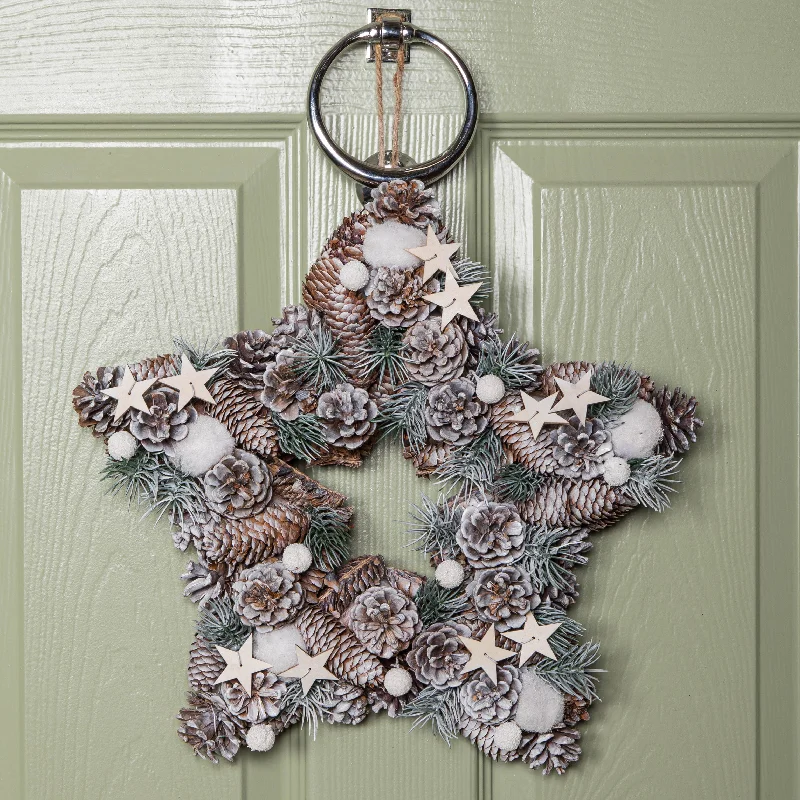 35cm Frosted Hanging Christmas Star Wreath with Pine Cones & Wooden Stars