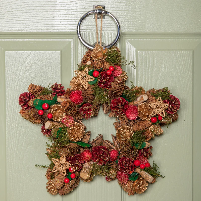 35cm Red Hanging Star Christmas Wreath with Red Berries and Pinecones