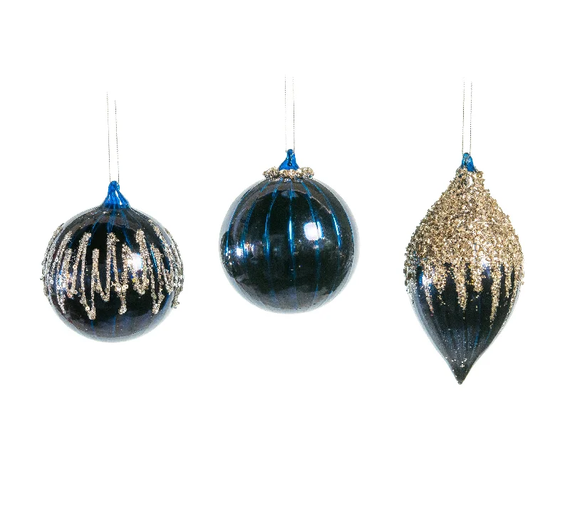 4" Blue Shiny Beaded Ornament Assorted Set Of 12