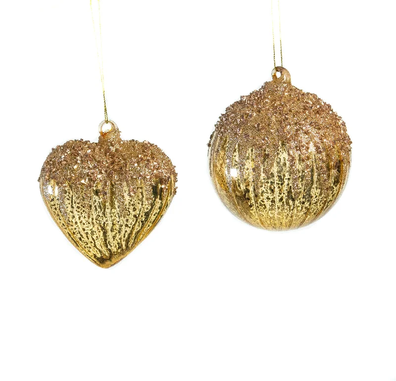 4" Gold Heart & Ball Glitter Ornament Set Of 12