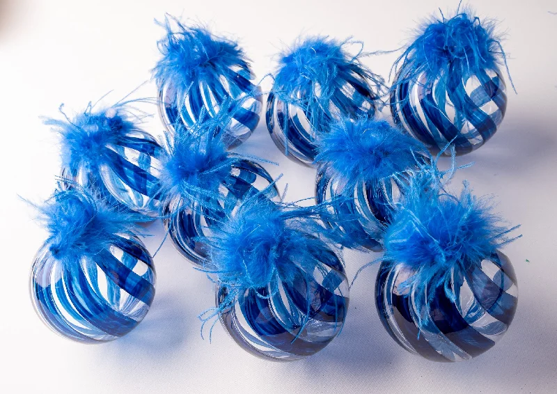 5" Blue Feathered Glass Ball Ornament Set Of 9