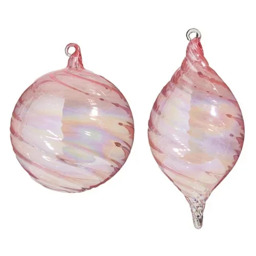 5" Pink Swirl Glass Ornament Set Of 2