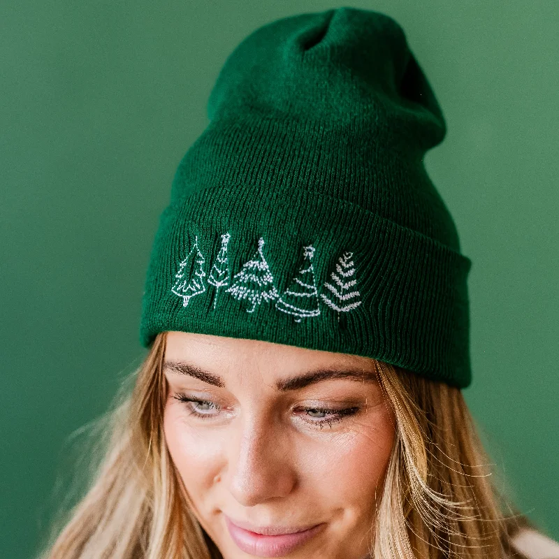 ADULT Beanie - Outline Christmas Trees - White Thread