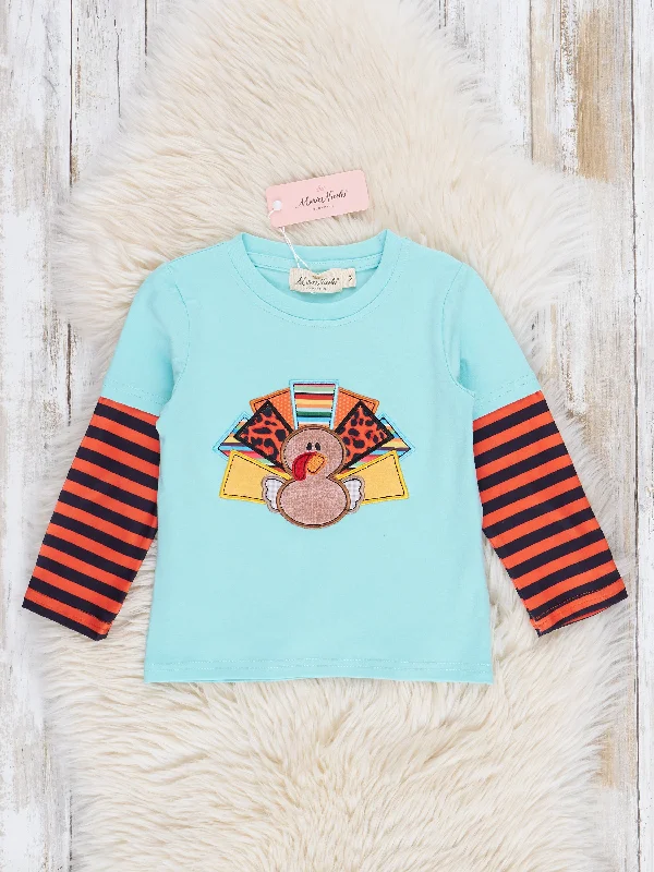 Aqua Embroidered Turkey Striped Raglan Shirt