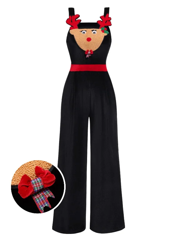 Black 1940s Christmas Elk Plush Velvet Jumpsuit