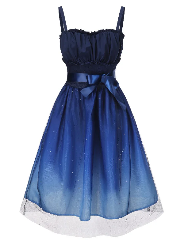 Blue 1950s Gradient Mesh Waist Smocked Dress