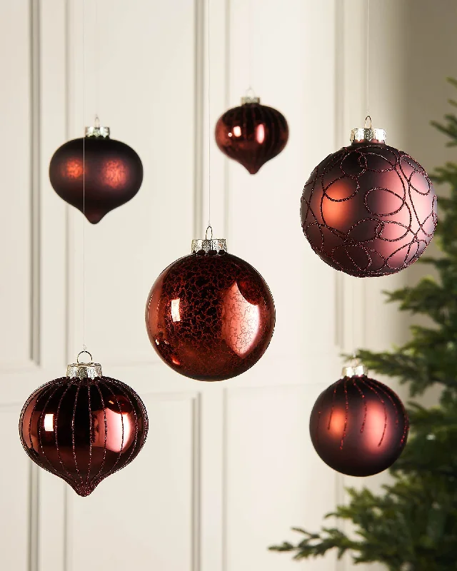 Burgundy Glass Baubles, 6 Pack, 10 cm