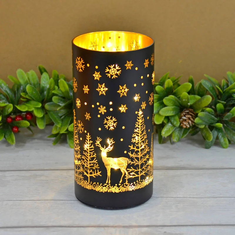 Christmas Cylinder Light Black Gold Decoration Glass 20cm