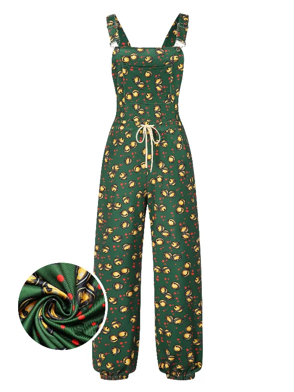 Dark Green 1930s Christmas Bells Multi-Pocket Jumpsuit