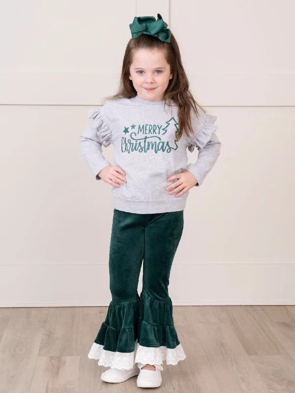 Emerald Merry Christmas Velvet Bell Bottom Outfit