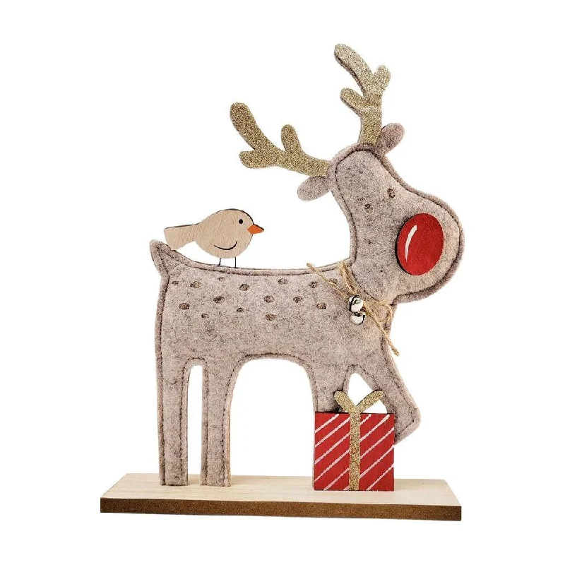 Felt Red Nosed Reindeer with Bird Standing Decoration