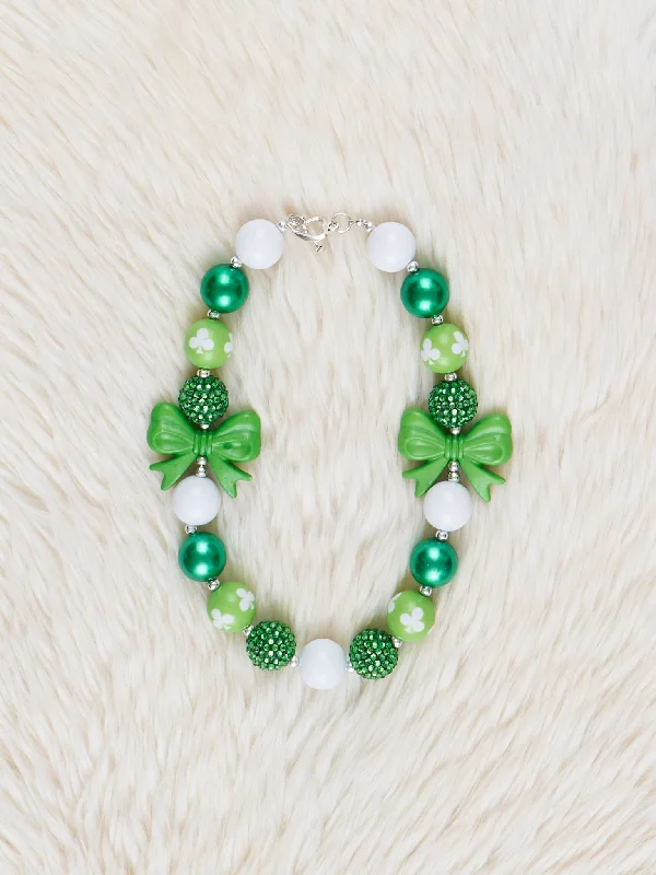 Green & White Bow Charm Bubblegum Necklace