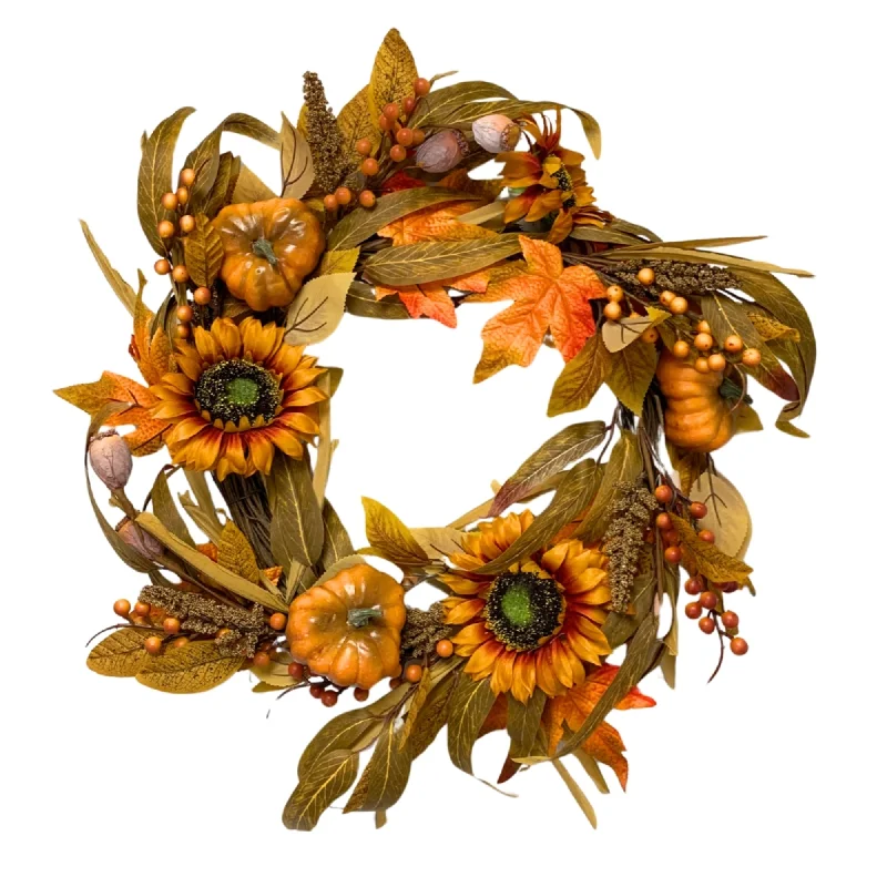 Harvest Sunflower Pumpkin / Leaf / Berry Wreath 24” |KS