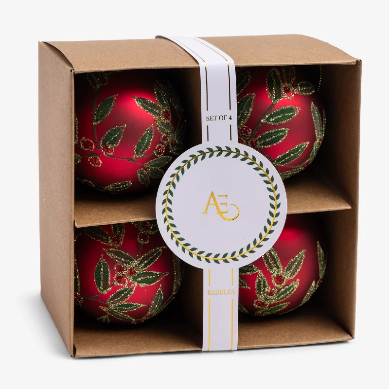 Holly Glass Bauble Set Of 4 (Red & Green)