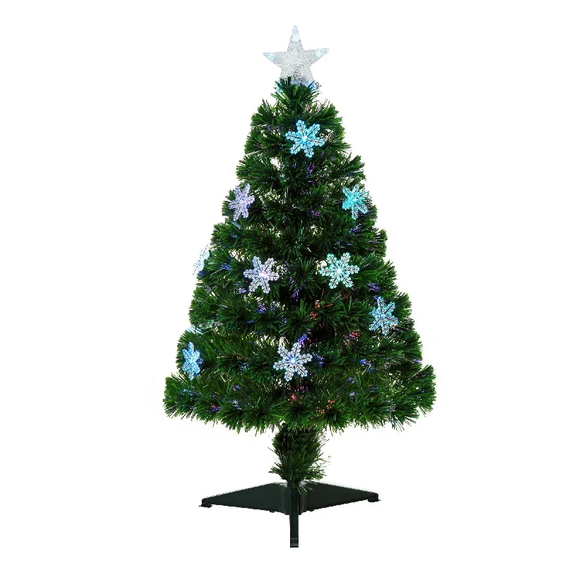 Homcom 3 Foot Green Fibre Optic Artificial Christmas Tree Xmas Colourful LED Scattered Tree with Snowflakes Ornaments Fireproofing