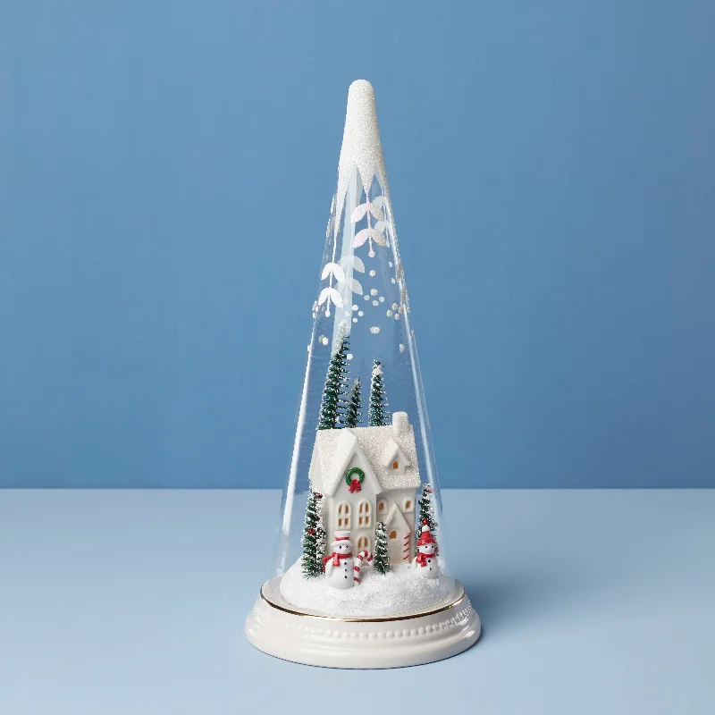 Lit Christmas Cone With Farmhouse Scene