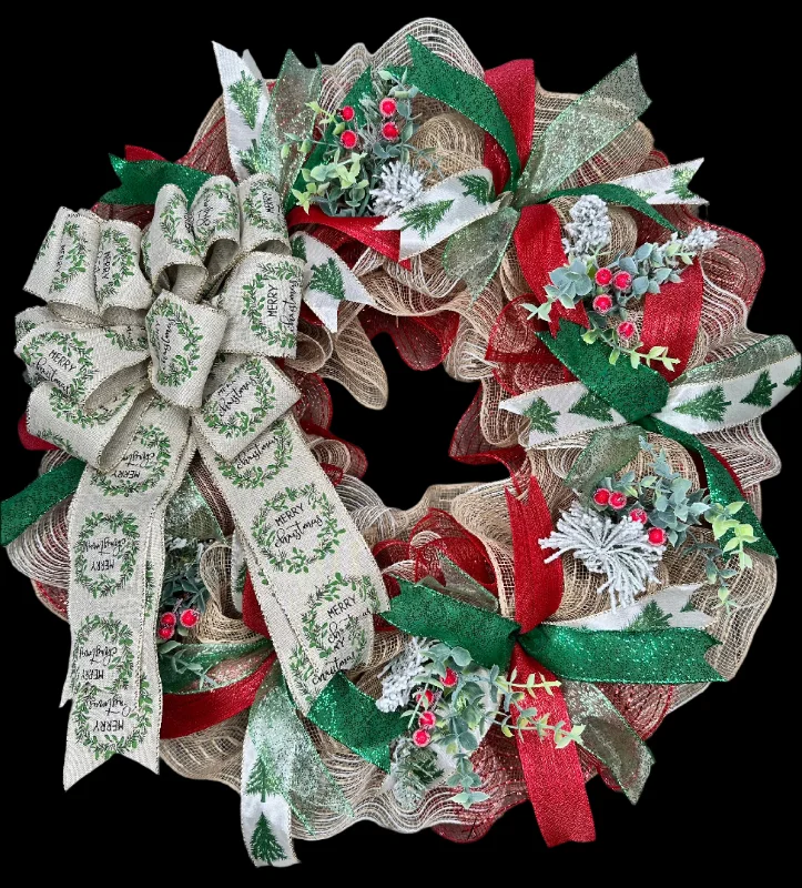 Christmas Wreath, Farmhouse Merry Christmas Bow Handmade Christmas Wreath