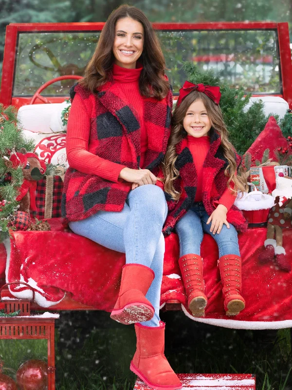 Mommy and Me Cozy Faux Fur Buffalo Plaid Vest