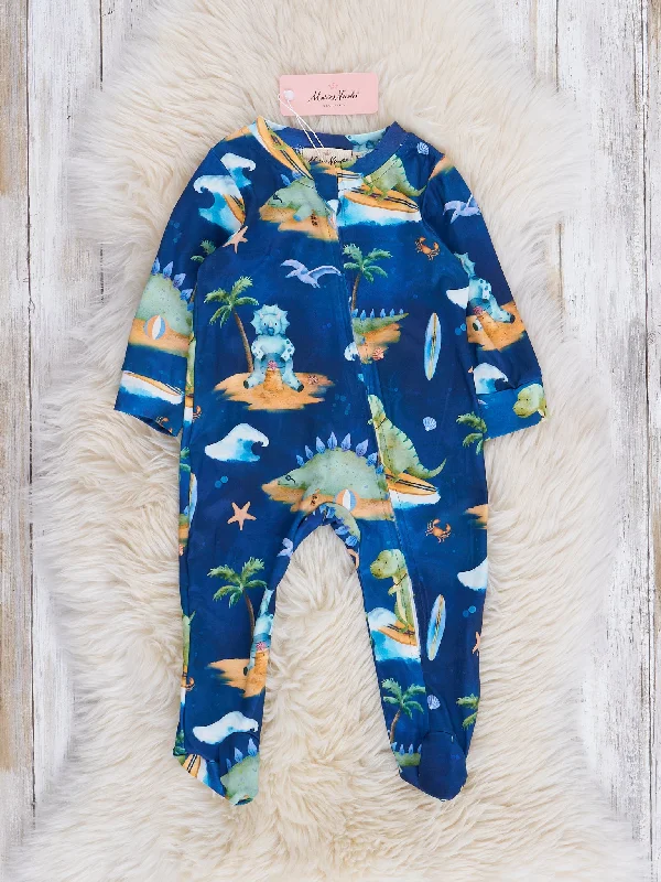 Navy Beach Dinosaur Footed Sleeper Pajamas