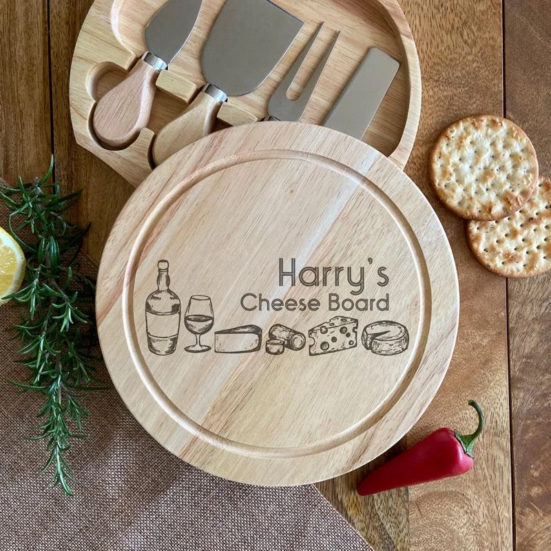 Personalised Cheese Board Cheese Illustrations with Knife Set