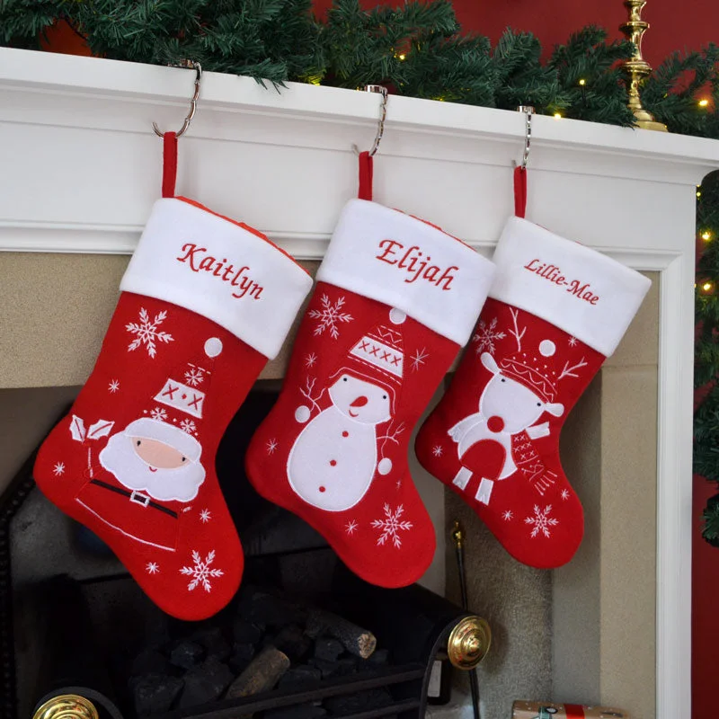 Personalised Embroidered Red and White Luxury Christmas Stockings with Snowman Reindeer or Santa