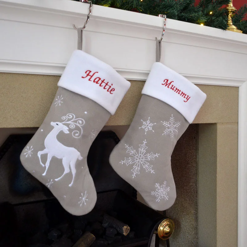 Personalised Embroidered Luxury Silver Snowflake and Reindeer Stockings