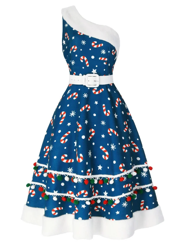 [Pre-Sale] Blue 1950s Candy Cane One-Shoulder Dress