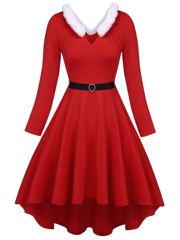 Red 1950s Furry Solid Swing Dress