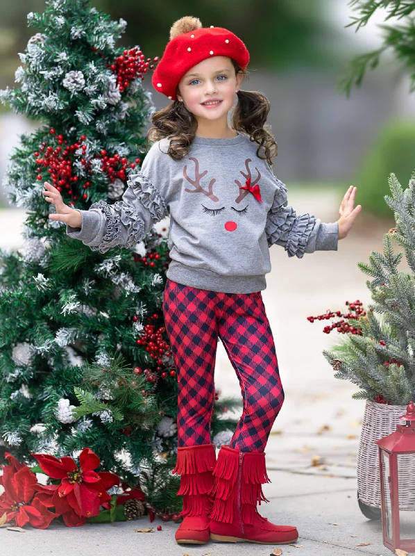 Reindeer Delight Ruffle Top and Buffalo Plaid Legging Set