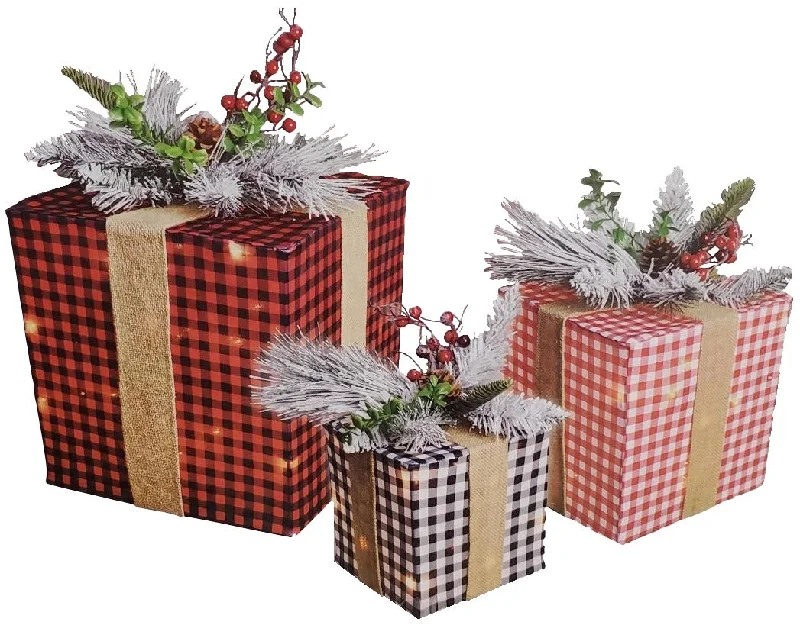 3-Piece Lighted Plaid Gift Box Decorations