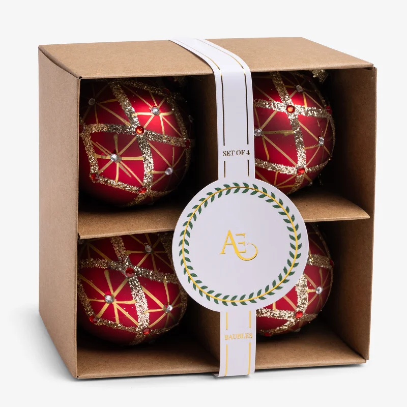 Star Burst Glass Bauble Set Of 4 (Red & Gold)