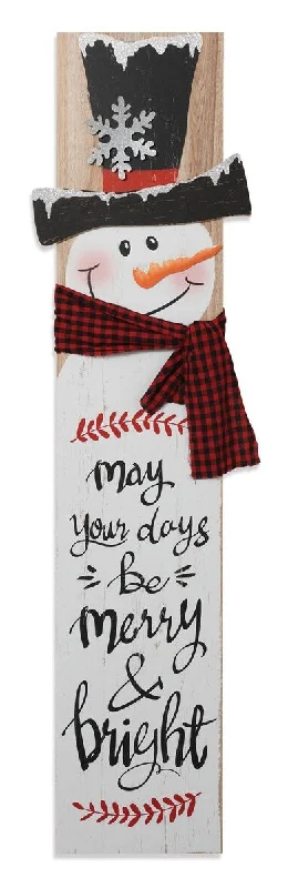 59" Wooden Holiday Snowman Porch Sign with Fabric Scarf & Metal Snowflake Accent