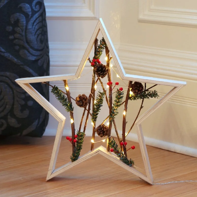 Wooden Star With Birch Berry Light Up Christmas Decoration