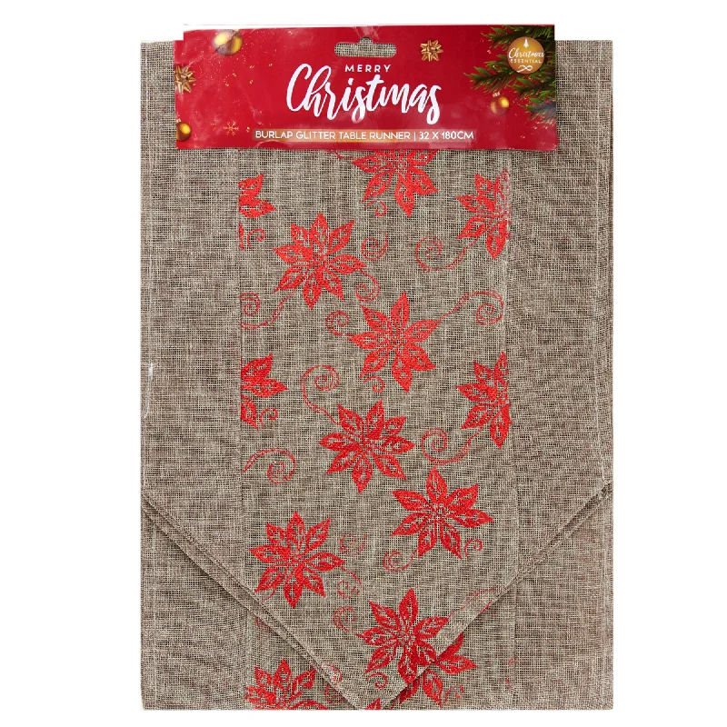 Christmas Burlap Glitter Table Runner, 2 Assorted Designs- 180x32cm