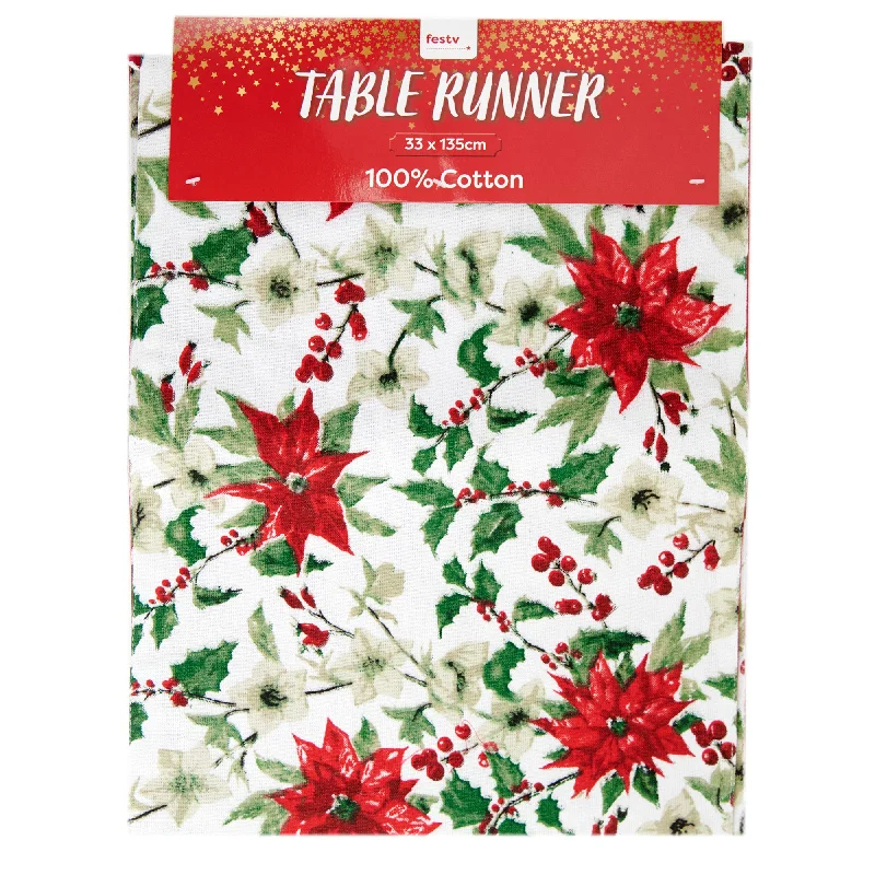 Christmas Table Runner Poinsettia Printed- 33x135cm