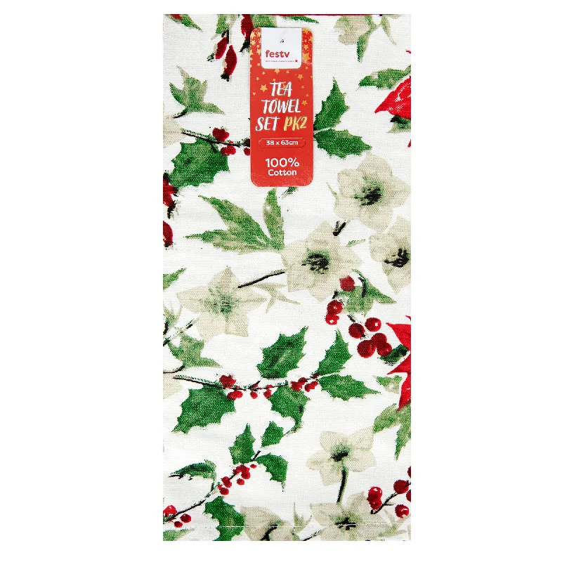 Christmas Tea Towel, 2pk Sea Poinsettia Printed- 38x63cm