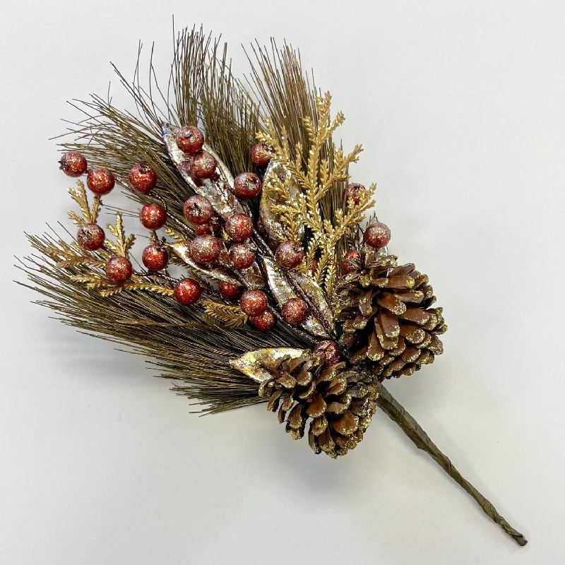 Frosted Glitter Berry & Pinecone, Metallic Holiday Leaf Foliage Pick Festive Winter Spray - 14"