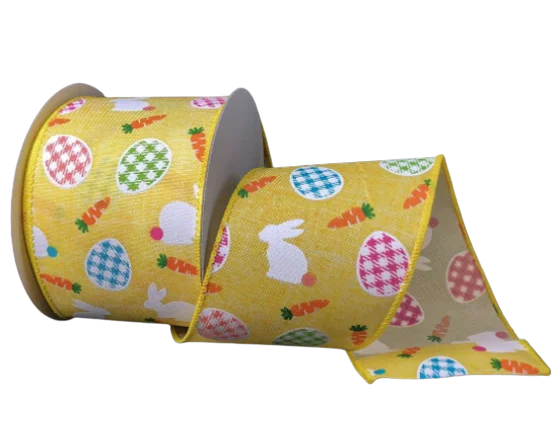 2.5" X 10yd Wired Linen Printed Bunnies with Gingham Eggs Ribbon