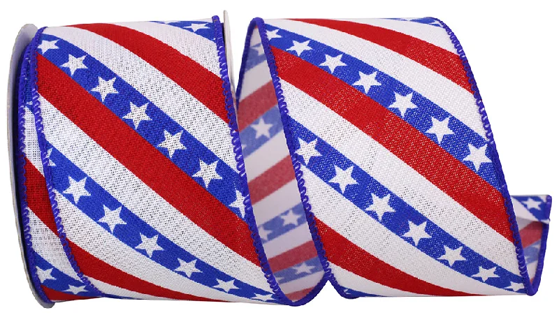 2.5"x10yd Patriotic Stars and Stripes on Royal Wired Edge Ribbon-Red, white, blue