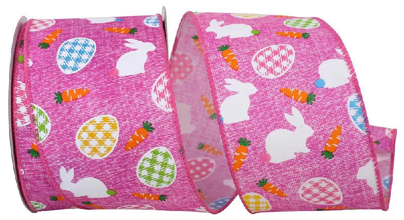 2.5"x10yd Pink Wired Edge Ribbon with Bunnies, Carrots, and Gingham Eggs-Easter, Spring