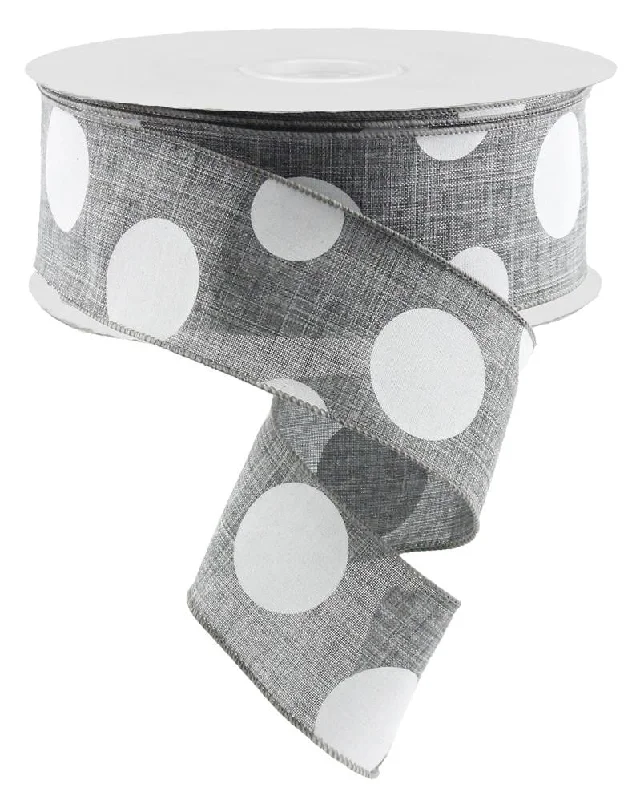 2.5"X50yd Large Multi Dots-White on Grey Wired Edge Ribbon