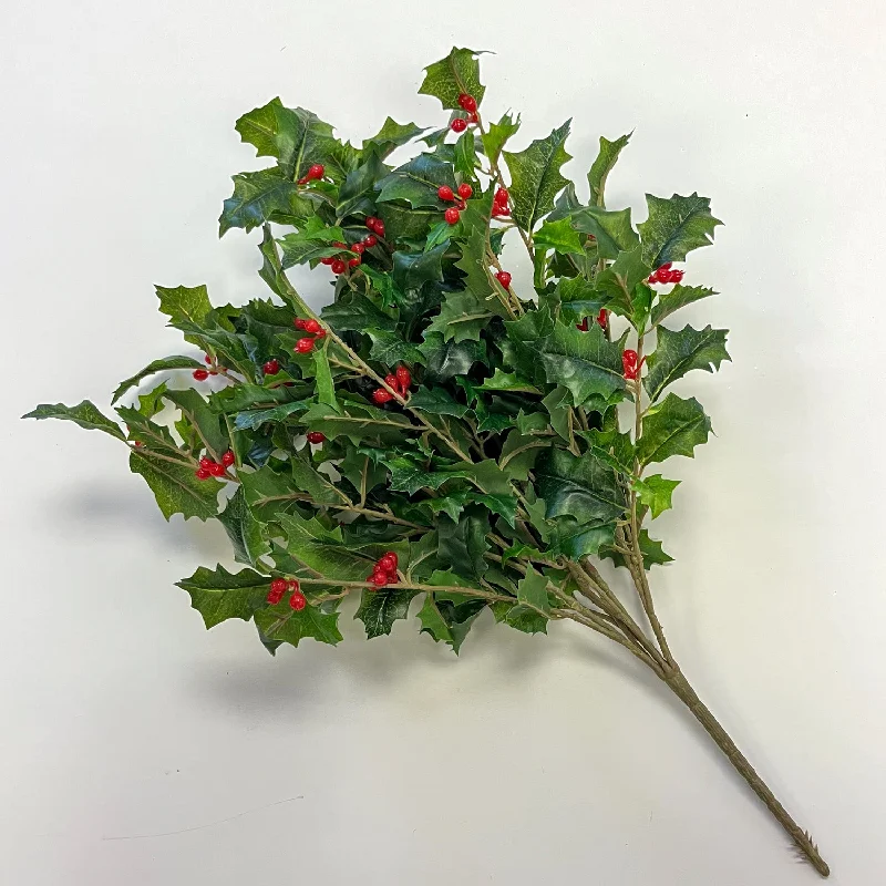 Green Holly Leaf & Red Berry Bush Vine Christmas Spray - 20"