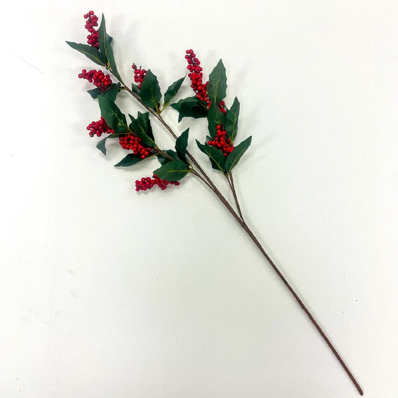 Red Winter Berry Clusters & Leaf Foliage Faux Holiday Stem Spray - 31"