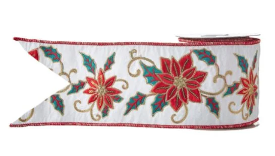 4" X 15 FT Embroidered Poinsettia Ribbon