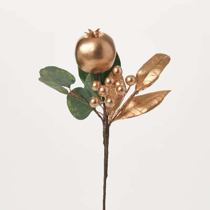 Antique Gold Holiday Leaf Pick Spray with Metallic Matte Pomegranate & Berries - 12"