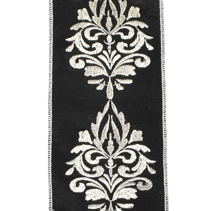 Black Dupion Ribbon with Elegant Silver Embroidery 4" x 10YD | IRC22