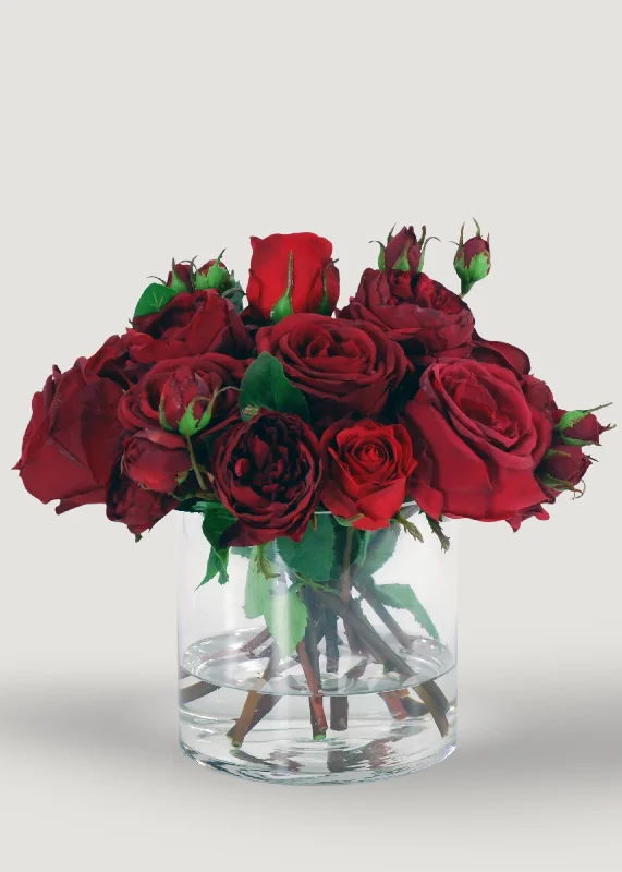 Faux Holiday Arrangement of Red Roses in Glass Vase - 13"