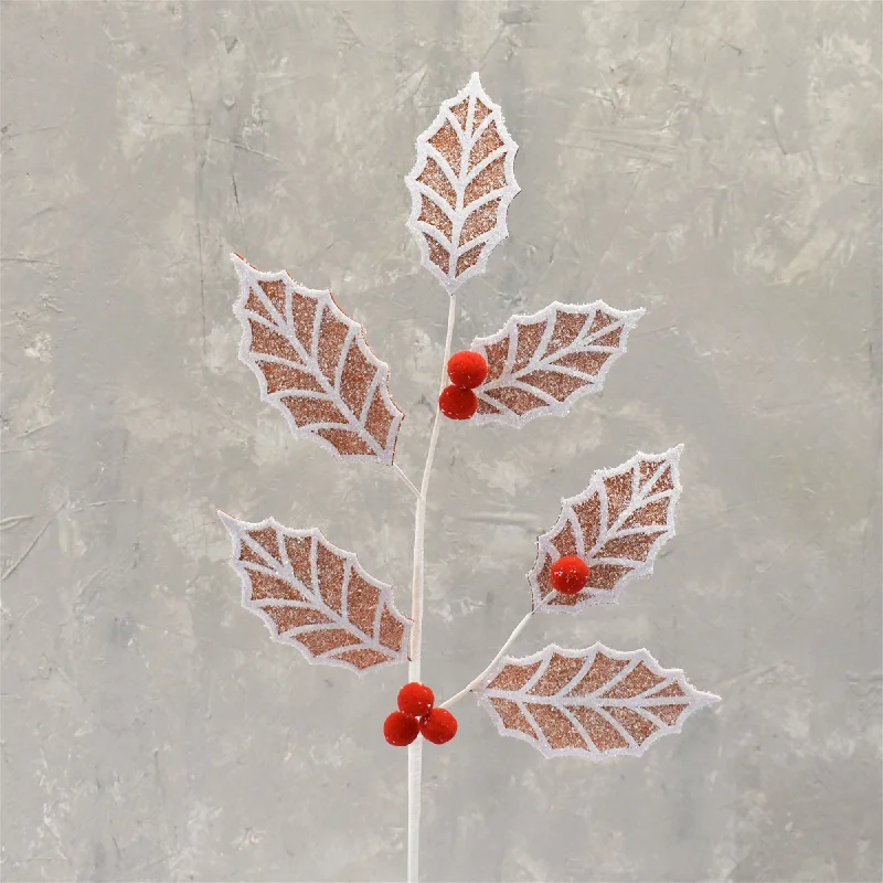 Frosted Gingerbread Holly Leaf Spray 26" in Gingerbread | QG