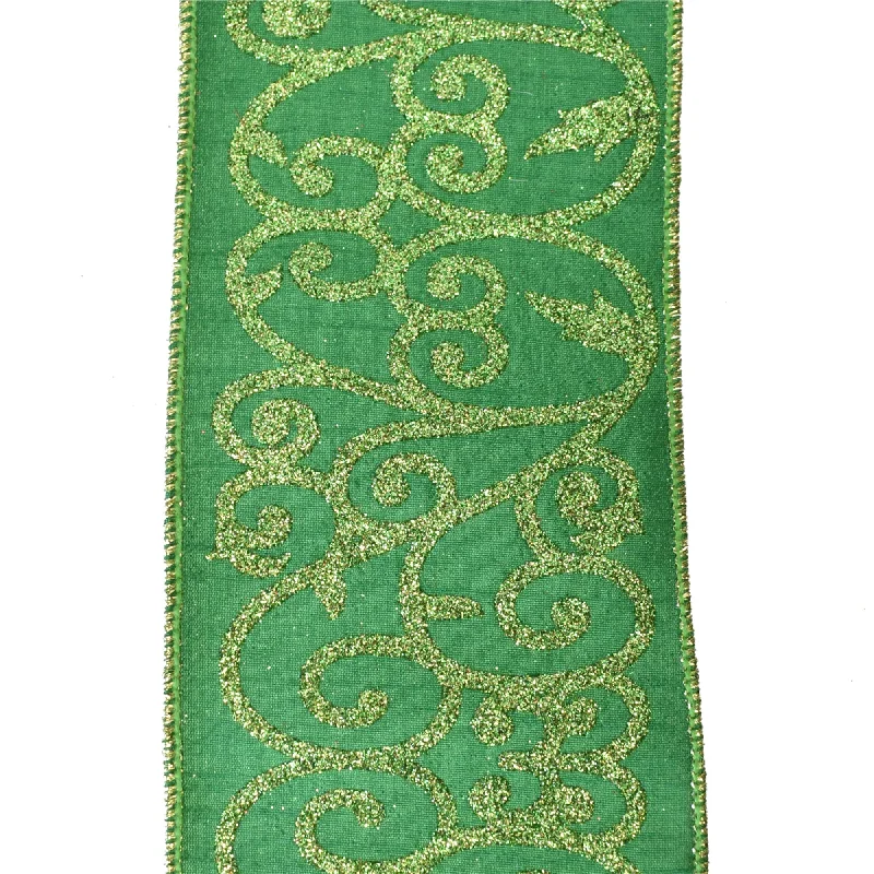 Glittered Swirls Ribbon 4" x 10YD in Green | IRC22